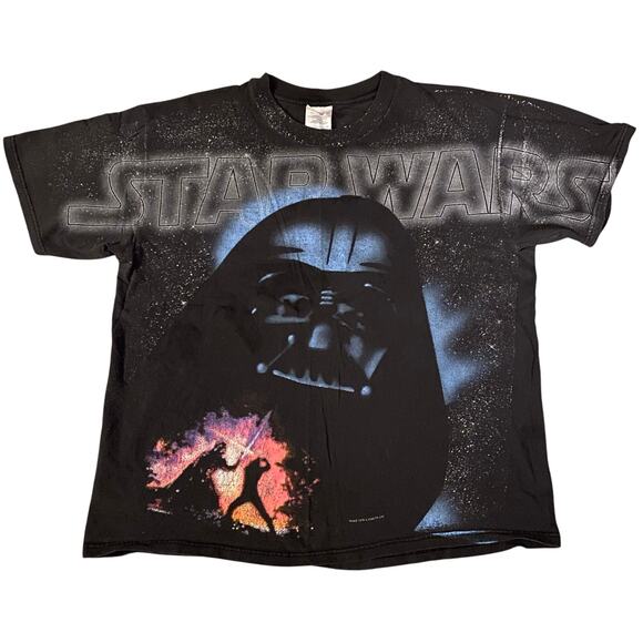 Vintage 1996 Star Wars Darth Vader AOP Spellout Movie Promo Faded Tee Size Large - Picture 1 of 8